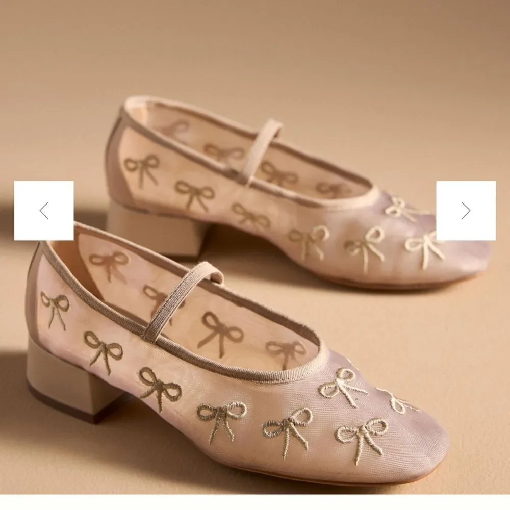 Anthropologie Maeve Chic Bow Embroidered Mary Jane Shoes size 38.5